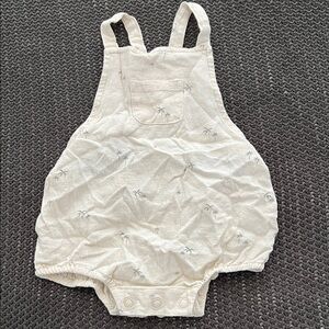 Rylee + Cru Cream Linen Baby Romper with Palm Trees and Button Detail